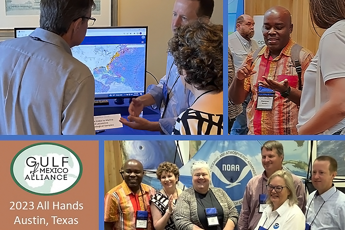 NGI and NCEI participants at the GOMA All Hands include (Top L to R) Clint Edrington and Angela Sallis speaking with an ESRI representative during the Tools Cafe Ebenezer Nyadjro sharing information with a meeting attendee. (Bottom L to R) Ebenezer Nyadjro, Angela Sallis, Julie Bosch, Jonathan Jackson, Sharon Mesick, and Clint Edrington gather at the NOAA display.