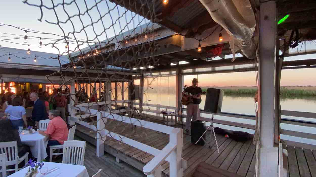 Musician plays with sunset behind at 2021 Cocktails with the Critters.